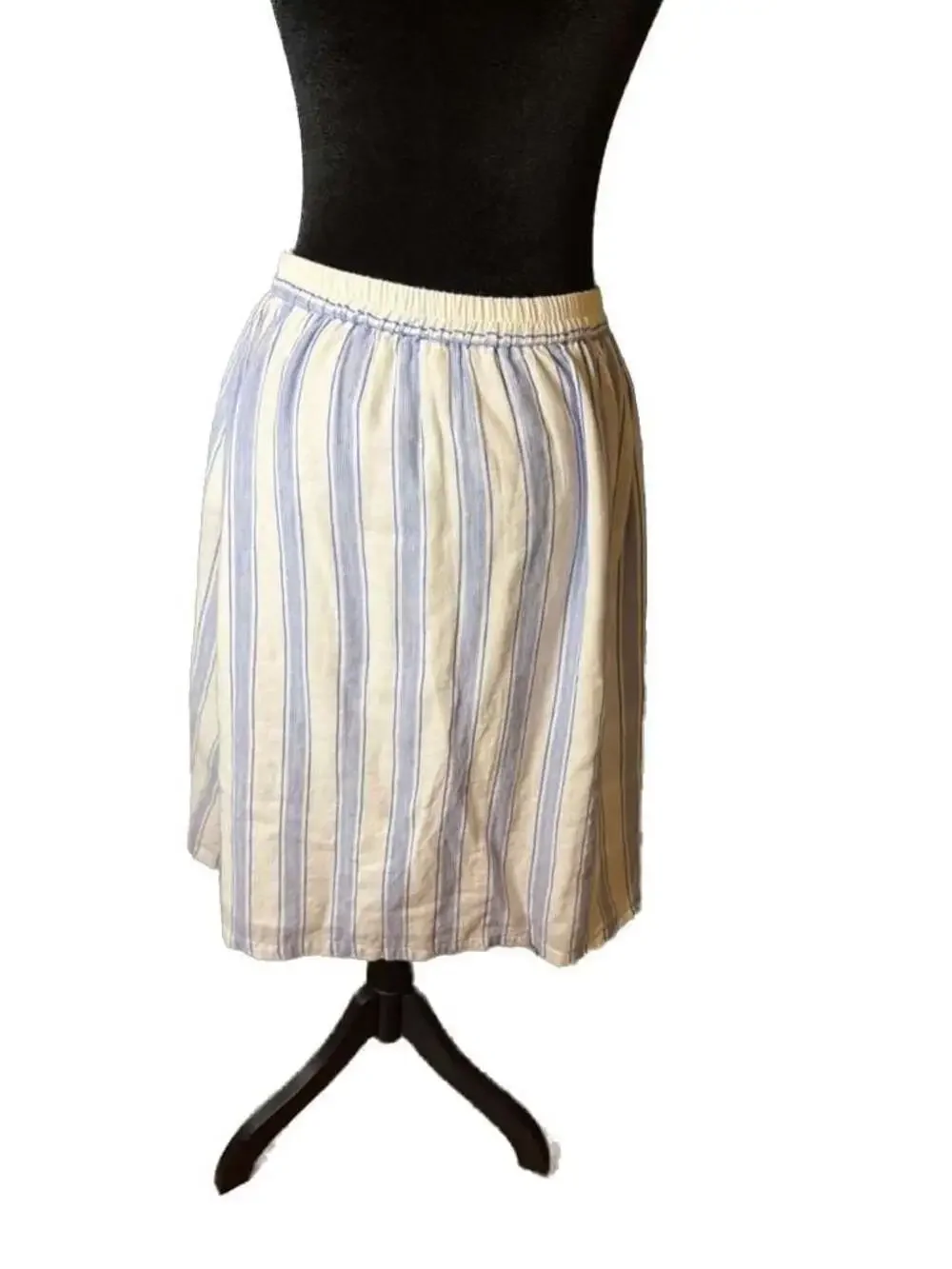 Skies Are Blue White and Blue Striped Button-Down Linen Blend Midi Skirt